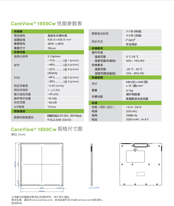 康众CareView 1800Cw – 17″×17″无线平板探测器 2